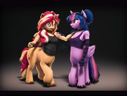 Size: 7200x5400 | Tagged: safe, artist:imafutureguitarhero, imported from derpibooru, sci-twi, sunset shimmer, twilight sparkle, alicorn, anthro, centaur, taur, unicorn, 3d, 4:3, absurd file size, absurd resolution, alitaur, anthro centaur, arm fluff, arm freckles, belly fluff, black bars, bra, breast fluff, butt freckles, centaurified, cheek fluff, chest fluff, chest freckles, chromatic aberration, clothes, cloven hooves, collar, colored eyebrows, colored eyelashes, crop top bra, cute, dialogue in the description, duo, ear fluff, ear freckles, evening gloves, female, film grain, fingerless elbow gloves, fingerless gloves, fluffy, fluffy hair, fluffy mane, fluffy tail, folded wings, freckles, fur, glasses, glasses off, gloves, gradient background, grin, hand on arm, hand on shoulder, hoof fluff, horn, leg fluff, leg freckles, long gloves, long nails, looking at someone, looking down, mare, multicolored hair, multicolored mane, multicolored tail, nose wrinkle, open mouth, paintover, peppered bacon, ponytaur, raised hoof, revamped anthros, revamped ponies, scitwilicorn, shadow, shoulder freckles, signature, smiling, source filmmaker, species swap, striped gloves, tail, tanktop, touching, twilight sparkle (alicorn), wall of tags, wing fluff, wings, worried