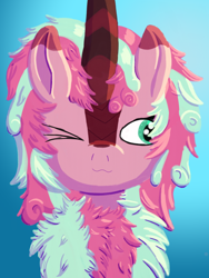 Size: 1536x2048 | Tagged: safe, artist:the crystal artist, derpibooru exclusive, imported from derpibooru, oc, oc only, oc:minty, kirin, :3, blue background, chest fluff, curly hair, curly mane, cute, female, fluffy, fluffy mane, gradient background, green eyes, kirin oc, lineless, looking sideways, one eye closed, one eye open, shading, shading practice, simple background, solo, wingding eyes, wink