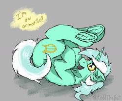 Size: 1806x1485 | Tagged: safe, artist:reddthebat, imported from derpibooru, lyra heartstrings, pony, unicorn, dialogue, female, frog (hoof), gray background, lying down, mare, on back, silly, silly pony, simple background, solo, underhoof