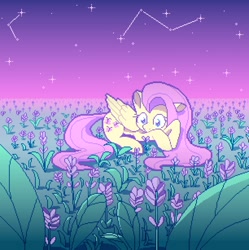 Size: 1224x1228 | Tagged: safe, artist:__briakitten, imported from derpibooru, fluttershy, pegasus, pony, constellation, female, flower, flower field, folded wings, lying down, mare, outdoors, pixel art, prone, solo, stars, wings