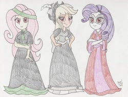 Size: 1400x1066 | Tagged: safe, artist:bageloftime, idw, imported from derpibooru, applejack, fluttershy, rarity, human, equestria girls, ponies of dark water, clothes, dress, gown, long dress, long skirt, skirt, traditional art, trio