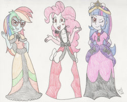 Size: 1400x1130 | Tagged: safe, artist:bageloftime, idw, imported from derpibooru, pinkie pie, rainbow dash, twilight sparkle, human, equestria girls, ponies of dark water, big crown thingy, clothes, coronation dress, dress, element of magic, gown, jewelry, long dress, long skirt, regalia, skirt, traditional art, trio, twilight sparkle (alicorn)
