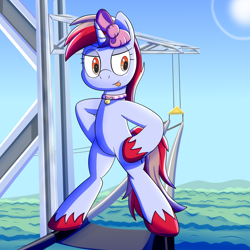 Size: 2000x2000 | Tagged: safe, artist:trackheadtherobopony, imported from derpibooru, oc, oc:cinnamon lightning, unicorn, :p, bipedal, bow, cable, collar, power line, solo, standing on two hooves, this will end in death, this will end in tears, this will end in tears and/or death, tongue out