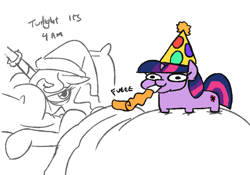 Size: 858x600 | Tagged: safe, artist:jargon scott, imported from derpibooru, princess celestia, twilight sparkle, alicorn, pony, unicorn, bed, female, filly, filly twilight sparkle, hat, inconvenient twilight, mouth hold, nightcap, party hat, party horn, simple background, squatpony, tired, twiggie, unicorn twilight, white background, younger