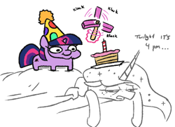 Size: 746x539 | Tagged: safe, artist:jargon scott, imported from derpibooru, princess luna, twilight sparkle, alicorn, pony, unicorn, bed, birthday cake, cake, candle, duo, female, filly, filly twilight sparkle, food, hat, inconvenient twilight, nightcap, noisemaker, party hat, simple background, squatpony, tired, twiggie, unicorn twilight, white background, younger