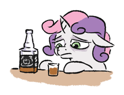 Size: 400x306 | Tagged: safe, artist:jargon scott, imported from derpibooru, sweetie belle, pony, unicorn, alcohol, bags under eyes, drink, drunk, ears, female, filly, floppy ears, foal, glass, jack daniels, shot glass, simple background, solo, underaged drinking, white background