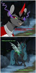 Size: 1200x2386 | Tagged: safe, artist:eve-of-halloween, imported from derpibooru, king sombra, queen chrysalis, changeling, changeling queen, pony, unicorn, hallowverse, tumblr:askmotherlyluna, antagonist, army, ask, cracked horn, detailed background, exoskeleton, female, forest, glowing, glowing eyes, green eyes, holes, horn, legs, muttonchops, red eyes, shadow, smug, spread wings, villainess, wings
