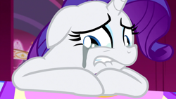 Size: 1280x720 | Tagged: safe, imported from derpibooru, screencap, rarity, pony, unicorn, season 4, simple ways, crying, female, floppy ears, lip bite, makeup, mare, marshmelodrama, rarity being rarity, running makeup, solo, teary eyes, teeth