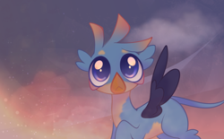 Size: 1074x664 | Tagged: safe, imported from derpibooru, gallus, griffon, the hearth's warming club, :<, blue eyes, cloud, fluffy, lonely, looking at something, male, sky, solo