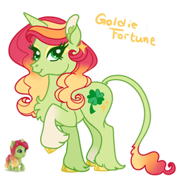 Size: 500x500 | Tagged: safe, artist:galaxys-intuition, imported from derpibooru, classical unicorn, pony, unicorn, cloven hooves, clover, colored hooves, eyeshadow, female, four leaf clover, g5, gold hooves, goldie fortune, gradient mane, green coat, hooves, leonine tail, makeup, mare, multicolored hair, red hair, red mane, redesign, simple background, solo, tail, unshorn fetlocks, white background, yellow mane
