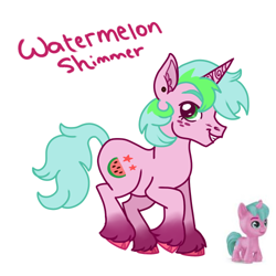 Size: 500x500 | Tagged: safe, artist:galaxys-intuition, imported from derpibooru, pony, unicorn, blue mane, colored hooves, ear piercing, earring, food, freckles, g5, gradient legs, green eyes, green mane, jewelry, male, multicolored hair, multicolored mane, piercing, red hooves, redesign, simple background, solo, stallion, toy, watermelon, watermelon shimmer, white background
