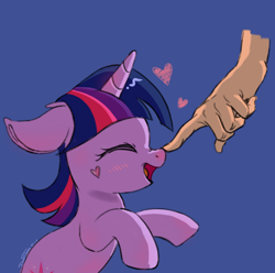 Size: 1334x1323 | Tagged: safe, artist:dawnflame, derpibooru exclusive, imported from derpibooru, twilight sparkle, human, pony, unicorn, blue background, blushing, boop, cute, disembodied hand, duo, eyes closed, female, filly, filly twilight sparkle, floating heart, floppy ears, foal, hand, heart, nose blush, nose wrinkle, offscreen character, offscreen human, simple background, solo focus, twiabetes, unicorn twilight, younger