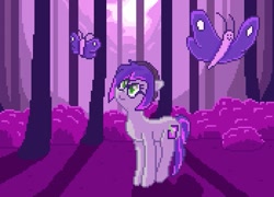 Size: 525x378 | Tagged: safe, artist:__briakitten, imported from derpibooru, oc, oc only, butterfly, earth pony, pony, beanie, forest, glasses, hat, pixel art, smiling, solo
