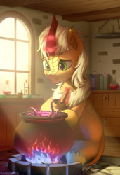 Size: 1080x1580 | Tagged: safe, artist:adagiostring, imported from derpibooru, oc, oc only, kirin, book, candle, cauldron, fire, flask, kirin oc, male, mortar and pestle, solo, stallion, window