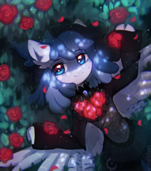 Size: 1280x1448 | Tagged: safe, artist:astralblues, imported from derpibooru, oc, oc only, pegasus, pony, black dress, clothes, cloven hooves, dress, female, flower, looking at you, lying down, mare, on back, rose, smiling, smiling at you, solo