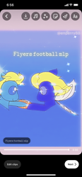 Size: 828x1792 | Tagged: safe, artist:enperry88, imported from derpibooru, end zone, earth pony, fairy, pixie, pony, blue background, fairy wings, football, friendship student, gradient background, happy, looking at each other, looking at someone, pixie pony, raised hoof, simple background, smiling, sports, wings