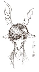 Size: 482x886 | Tagged: safe, artist:plusplus_pony, imported from derpibooru, discord, draconequus, alternate hairstyle, emo, emocord, horn, japanese, kenshi yonezu, looking at you, serious, serious face, sketch, solo, unamused