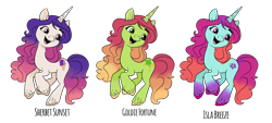 Size: 2807x1267 | Tagged: safe, artist:vernorexia, imported from derpibooru, izzy moonbow, pony, unicorn, colored hooves, coloring page, g5, goldie fortune, gradient legs, gradient mane, happy, isla breeze, long mane, multicolored mane, recolor, sherbet sunset, simple background, transparent background, trio