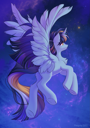 Size: 919x1300 | Tagged: safe, artist:margony, imported from derpibooru, oc, oc only, alicorn, pony, alicorn oc, flying, horn, solo, spread wings, wings