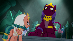 Size: 1920x1080 | Tagged: safe, imported from derpibooru, screencap, somnambula, sphinx (character), pegasus, pony, sphinx, daring done?, season 7, 1080p, angry, butt, duo, egyptian, egyptian headdress, egyptian pony, fearless, i watch it for the plot, plot, size difference