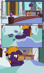 Size: 1920x3168 | Tagged: safe, artist:alexdti, imported from derpibooru, oc, oc only, oc:purple creativity, pegasus, pony, comic:quest for friendship, bed, blanket, comic, dialogue, eyes closed, female, floppy ears, high res, hooves, indoors, lying down, mare, on bed, on side, onomatopoeia, open mouth, pegasus oc, pillow, smiling, solo, speech bubble