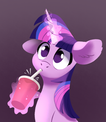 Size: 1932x2221 | Tagged: safe, artist:28gooddays, imported from derpibooru, twilight sparkle, pony, unicorn, cup, cute, drink, drinking, drinking straw, female, floppy ears, glowing, glowing horn, gradient background, horn, levitation, magic, mare, no pupils, solo, straw, telekinesis, twiabetes, unicorn twilight