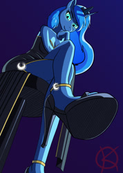 Size: 770x1080 | Tagged: safe, artist:kpapwiss, imported from derpibooru, princess luna, anthro, unicorn, clothes, dress, female, glowing, glowing eyes, high heels, looking at you, low angle, perspective, shoes, simple background, sitting, solo