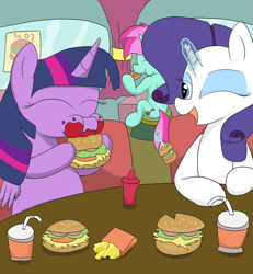 Size: 2215x2400 | Tagged: safe, artist:amateur-draw, imported from derpibooru, rarity, twilight sparkle, oc, oc:belle boue, alicorn, pony, burger, chubby, eating, fast food, female, food, french fries, hay burger, herbivore, mare, restaurant, table, that pony sure does love burgers, twilight burgkle, twilight sparkle (alicorn)