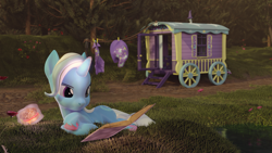 Size: 3840x2160 | Tagged: safe, artist:xppp1n, imported from derpibooru, trixie, unicorn, 3d, blender, blender cycles, burger, cape, clothes, clothes line, eating, female, food, hamburger, hat, levitation, lying down, magic, mare, reading, solo, telekinesis, trixie's cape, trixie's hat, trixie's wagon, wagon