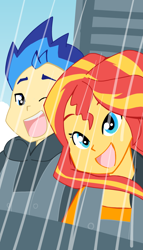 Size: 1820x3183 | Tagged: safe, artist:aokushan, imported from derpibooru, flash sentry, sunset shimmer, human, equestria girls, duo, female, flashimmer, male, one eye closed, open mouth, open smile, roller coaster, shipping, smiling, straight