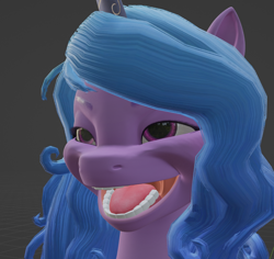 Size: 808x763 | Tagged: safe, artist:pissmaster3000, imported from derpibooru, izzy moonbow, pony, unicorn, 3d, blender, bust, creepy, creepy smile, faic, female, g5, mare, nightmare fuel, open mouth, portrait, shitposting, smiling, solo, teeth