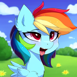 Size: 512x512 | Tagged: safe, imported from derpibooru, rainbow dash, pegasus, pony, ai content, ai generated, blushing, chest fluff, ear fluff, female, generator:stable diffusion, looking at you, mare, solo, tongue out, wings