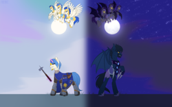 Size: 4000x2500 | Tagged: safe, artist:enderbee, imported from derpibooru, oc, oc:atin nyamic, oc:evertrue, bat pony, unicorn, colored, commission, flat colors, guard, moon, royal guard, simple background, sketch, sun