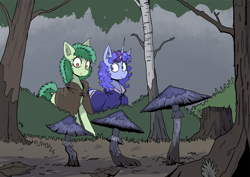 Size: 1754x1240 | Tagged: safe, artist:paskanaakka, derpibooru exclusive, imported from derpibooru, oc, oc only, oc:bittergreen, oc:midnight dew, earth pony, unicorn, cloak, clothes, ear fluff, female, forest, mare, mushroom, story included, tree, tree stump