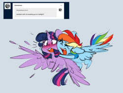 Size: 1280x972 | Tagged: safe, artist:chub-wub, imported from derpibooru, rainbow dash, twilight sparkle, alicorn, pegasus, pony, ask, blue background, blushing, chibi, cute, dashabetes, duo, female, flying, hug, lesbian, mare, open mouth, shipping, simple background, surprised, tumblr, twiabetes, twidash, twilight sparkle (alicorn)