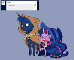 Size: 1280x1039 | Tagged: safe, artist:chub-wub, imported from derpibooru, clover the clever, princess luna, star swirl the bearded, twilight sparkle, alicorn, pony, ask, blue background, blushing, chibi, cloak, clothes, costume, cute, duo, female, hat, lesbian, lunabetes, mare, nightmare night costume, open mouth, raised hoof, robe, rope, shipping, simple background, tumblr, twiabetes, twilight sparkle (alicorn), twiluna, wizard hat, wizard robe