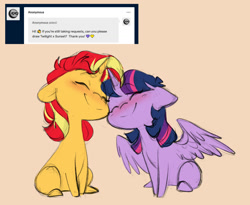 Size: 1280x1051 | Tagged: safe, artist:chub-wub, imported from derpibooru, sunset shimmer, twilight sparkle, alicorn, pony, unicorn, ask, blushing, chibi, cute, duo, ears back, eyes closed, female, happy, lesbian, looking at each other, looking at someone, mare, nuzzling, shimmerbetes, shipping, sitting, smiling, smiling at each other, spread wings, sunsetsparkle, tumblr, twiabetes, twilight sparkle (alicorn), weapons-grade cute, wings