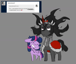 Size: 1280x1084 | Tagged: safe, artist:chub-wub, imported from derpibooru, king sombra, twilight sparkle, alicorn, pony, unicorn, alternate hairstyle, armor, ask, blushing, chibi, cloak, clothes, crown, cute, duo, eyes closed, female, gray background, grin, jewelry, male, mare, raised hoof, regalia, shipping, simple background, smiling, sombradorable, stallion, straight, tumblr, twiabetes, twibra, twilight sparkle (alicorn)