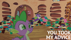 Size: 1920x1080 | Tagged: safe, edit, edited screencap, editor:quoterific, imported from derpibooru, screencap, spike, twilight sparkle, secret of my excess, book, floppy ears, golden oaks library