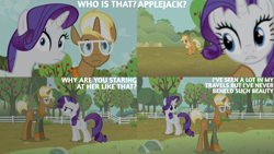 Size: 4400x2475 | Tagged: safe, edit, edited screencap, editor:quoterific, imported from derpibooru, screencap, applejack, rarity, trenderhoof, earth pony, pony, unicorn, season 4, simple ways, apple, apple tree, female, fence, male, mare, stallion, tree