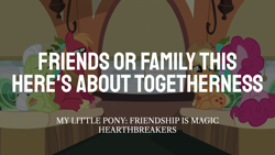 Size: 1920x1080 | Tagged: safe, edit, edited screencap, editor:quoterific, imported from derpibooru, screencap, applejack, big macintosh, granny smith, pinkie pie, hearthbreakers, friendship express, locomotive, snow, steam locomotive, train