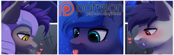 Size: 6560x2112 | Tagged: safe, artist:dinoalpaka, imported from derpibooru, princess luna, alicorn, bat pony, pony, advertisement, blushing, female, guardluna, heart, horn, male, mare, open mouth, patreon, patreon link, patreon logo, patreon preview, royal guard, stallion, tongue out