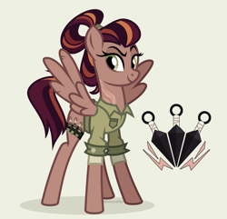 Size: 2169x2094 | Tagged: safe, artist:strixuraone, imported from derpibooru, oc, oc only, oc:scarlet flair, pegasus, clothes, commissioner:jewellier, kunai, leg band, pegasus oc, potion, scar, shirt, simple background, tall