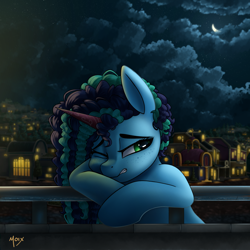 Size: 4000x4000 | Tagged: safe, artist:supermoix, imported from derpibooru, pony, unicorn, beautiful, cloud, crying, cute, female, g5, looking down, mare, maretime bay, misty brightdawn, moon, night, sad, sky, sobbing, solo, stars, town