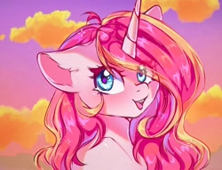 Size: 1024x782 | Tagged: safe, artist:freyamilk, imported from derpibooru, oc, oc only, oc:rosa flame, pony, unicorn, bust, female, floppy ears, looking at you, mare, smiling, solo, sunset
