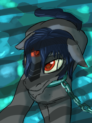 Size: 1500x2000 | Tagged: safe, artist:skunkstripe, imported from derpibooru, king sombra, sunburst, broken horn, chained, collar, eye reflection, fanfic, fanfic art, fanfic cover, horn, lying down, mane down, prison, red eyes, reflection, seductive look