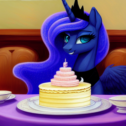 Size: 1024x1024 | Tagged: safe, editor:dovakkins, imported from derpibooru, princess luna, alicorn, pony, ai content, ai generated, beautiful, cake, crown, cute, female, food, generator:purplesmart.ai, generator:stable diffusion, jewelry, lunabetes, mare, peytral, regalia, smiling, solo