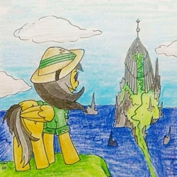 Size: 863x863 | Tagged: safe, artist:mintytreble, imported from derpibooru, daring do, pegasus, pony, city, cityscape, mount aris, solo, traditional art