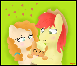 Size: 712x611 | Tagged: safe, artist:nikytale, imported from derpibooru, applejack, bright mac, pear butter, earth pony, pony, baby, babyjack, female, foal, hat, heart, male, mare, smiling, stallion, younger