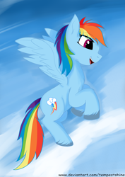 Size: 2894x4093 | Tagged: safe, artist:tempestshine, imported from derpibooru, rainbow dash, pegasus, pony, cloud, eye clipping through hair, eyebrows, eyebrows visible through hair, female, flying, high res, mare, open mouth, open smile, signature, sky, smiling, solo, spread wings, unshorn fetlocks, wings